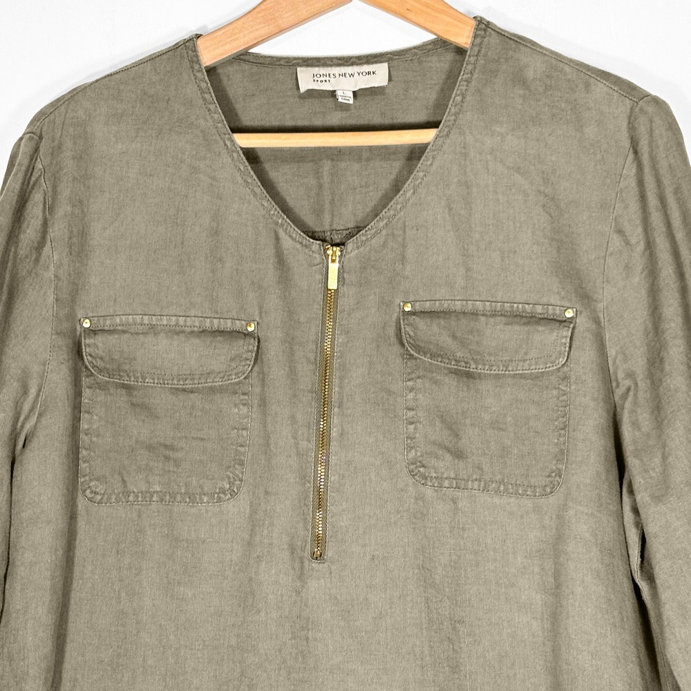 Olive Green 100% Linen Roll Tab Top Womens L Lagenlook Jones New York Sport